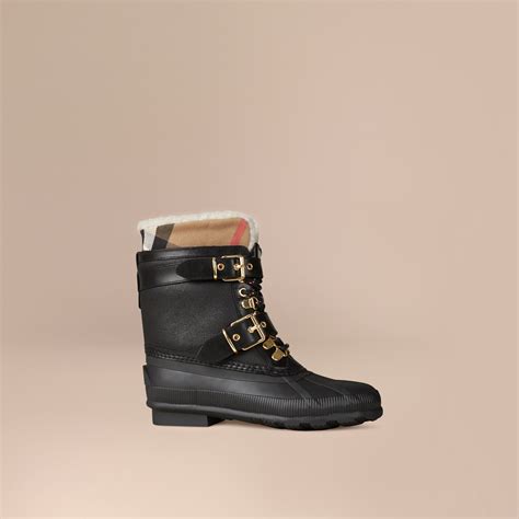 sueded shearling and check duck boots burberry|Burberry Limited.